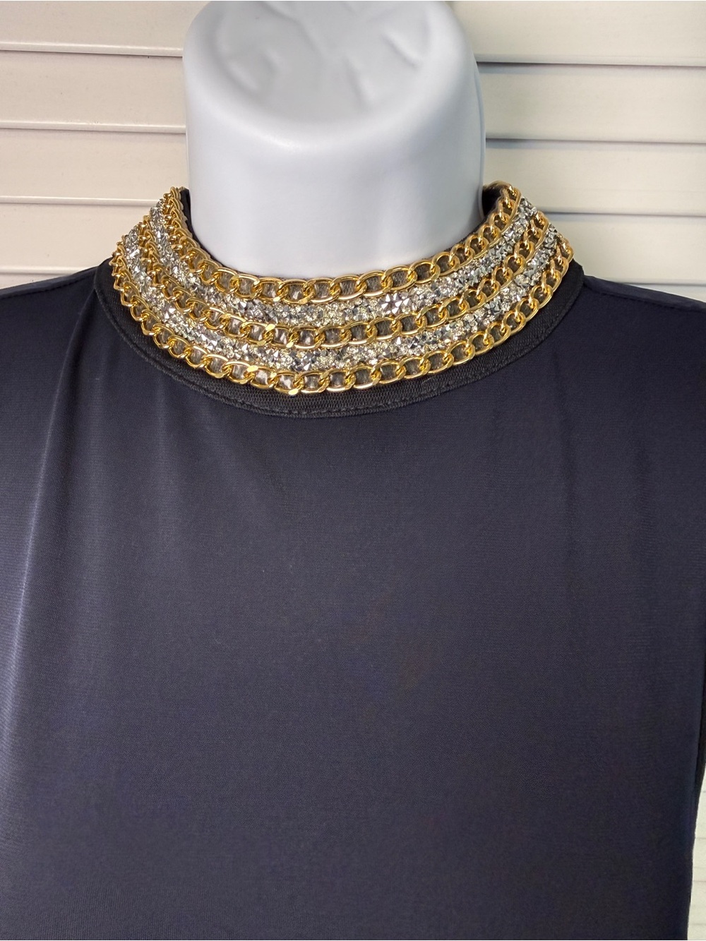 Moa Moa Black Top with Gold Chain and Silver Rhinestone Collar